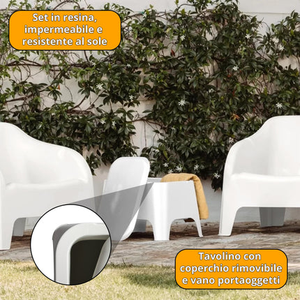 Set Petra 2 Poltrone con Braccioli 1 Tavolino Contenitore - Impermeabile, Compatto, Facile da Pulire, Arredo Esterno Giardino Terrazzo, Made in Italy Plastmeccanica