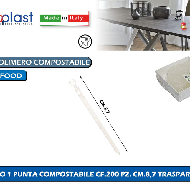 Poloplast Spillo 1 Punta Compostabile Cf.200 Pz. Cm.8,7 Trasparente Polo Plast srl