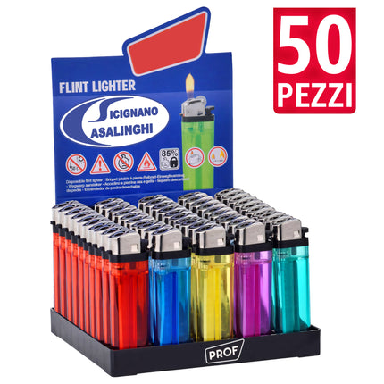 Box 50 Accendini a Pietrina Colorati Trasparenti - Fiamma Regolabile Polyflame