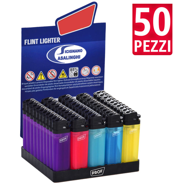 Box 50 Accendini a Pietrina Fluo Traslucidi - Fiamma Regolabile Polyflame