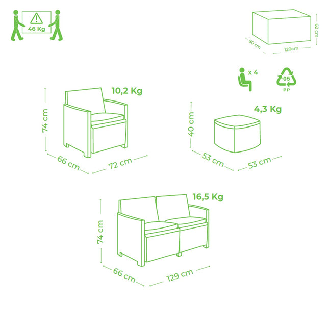 Progarden Salotto Da Giardino Completo Como Set Divano + Tavolino + 2 Poltrone Da Esterni Con Finitura Effetto Rattan Progarden