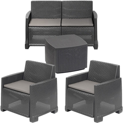 Progarden Salotto Da Giardino Completo Como Set Divano + Tavolino + 2 Poltrone Da Esterni Con Finitura Effetto Rattan Antracite Progarden