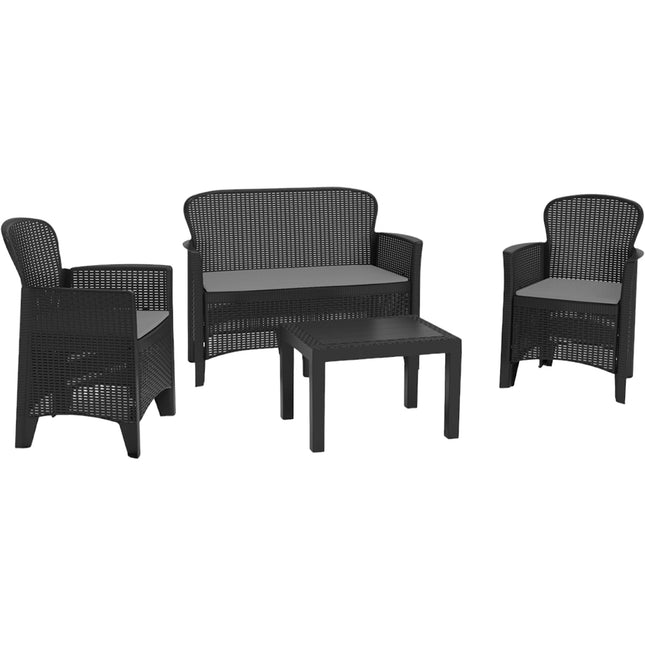 Progarden Set 2 Poltrone Con Divano 2 Posti E Tavolino Antracite In Polipropilene, Linea Rattan, Set Jungle, Per Interno Esterno Giardino