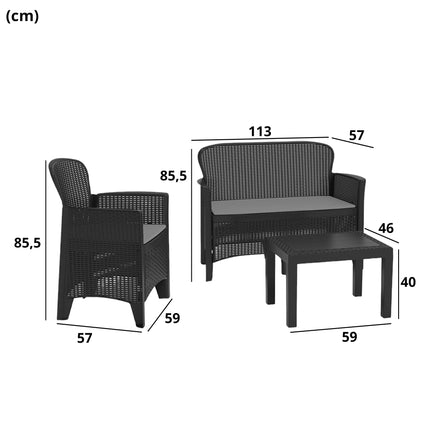 Progarden Set 2 Poltrone Con Divano 2 Posti E Tavolino Antracite In Polipropilene, Linea Rattan, Set Jungle, Per Interno Esterno Giardino