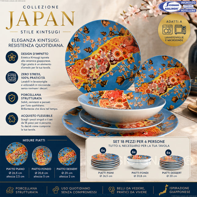 Piatti in Porcellana Japan Stile Kintsugi – Pezzi Singoli e Set 18 Pezzi per 6 Persone, Lavabili in Lavastoviglie e Utilizzabili in Microonde Arca