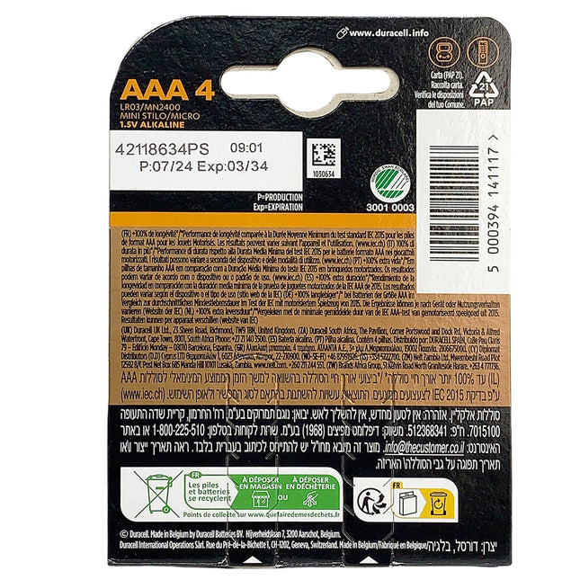 Duracell Pile Mini Stilo Aaa Plus Lr03 Mn2400 1,5V Alcaline +100% Extra Life