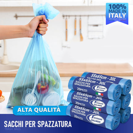 120 Sacchetti Immondizia 30L Premium Strength - 55x65cm con Legaccio - Made in Italy Anti-Goccia Gelsac