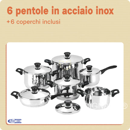 Batteria Pentole Blumenthal Bavaria 12 Pezzi – Acciaio Inox 18/10 T304 per Induzione e Gas, Fondo Termodiffusore 3 Strati, Coperchi Rimovibili Bavaria