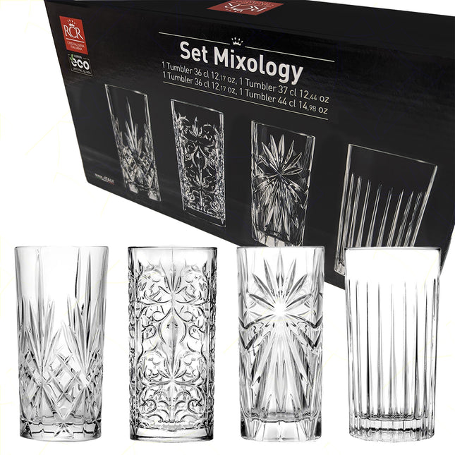 Rcr Bicchieri Misti Per Cocktail In Cristallo Mixology Tumblers Set 4Pz - Splendente Elegante Per Acqua, Aperitivi, Da Ristorante, Bar O Casa