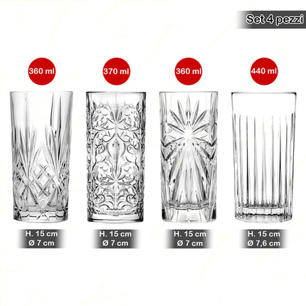 Rcr Bicchieri Misti Per Cocktail In Cristallo Mixology Tumblers Set 4Pz - Splendente Elegante Per Acqua, Aperitivi, Da Ristorante, Bar O Casa
