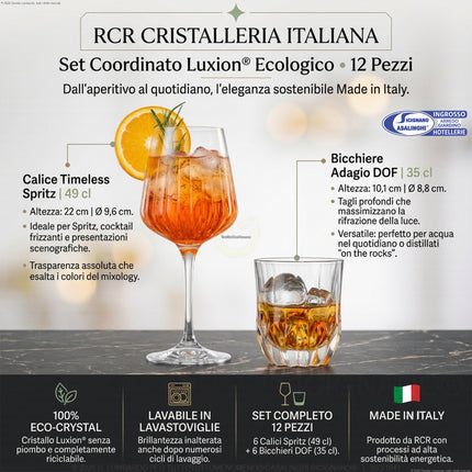 RCR Timeless Spritz 49 cl + Adagio DOF 35 cl Set 12 Pezzi – Servizio Aperitivi, Cocktail e Acqua in Cristallo Luxion® Ecologico, Made in Italy RCR Cristallerie