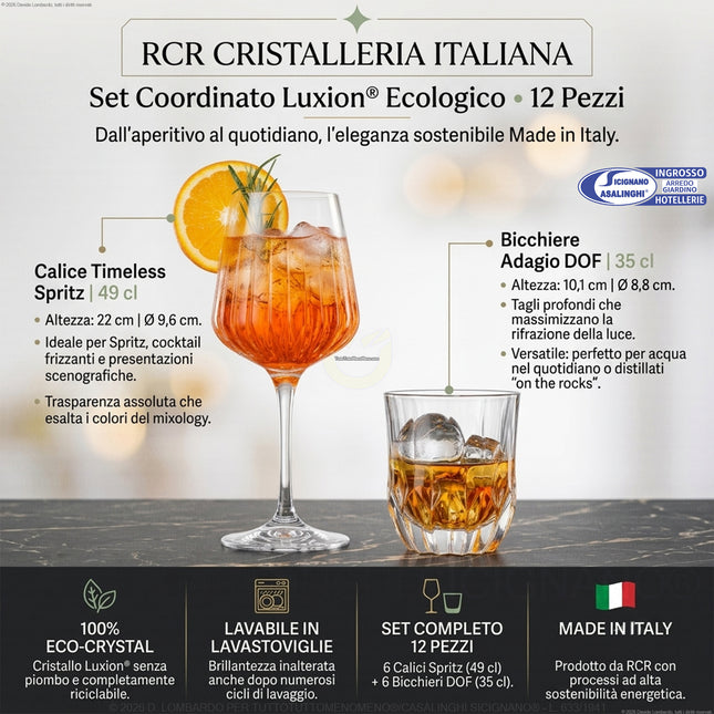 RCR Timeless Spritz 49 cl + Adagio DOF 35 cl Set 12 Pezzi – Servizio Aperitivi, Cocktail e Acqua in Cristallo Luxion® Ecologico, Made in Italy RCR Cristallerie