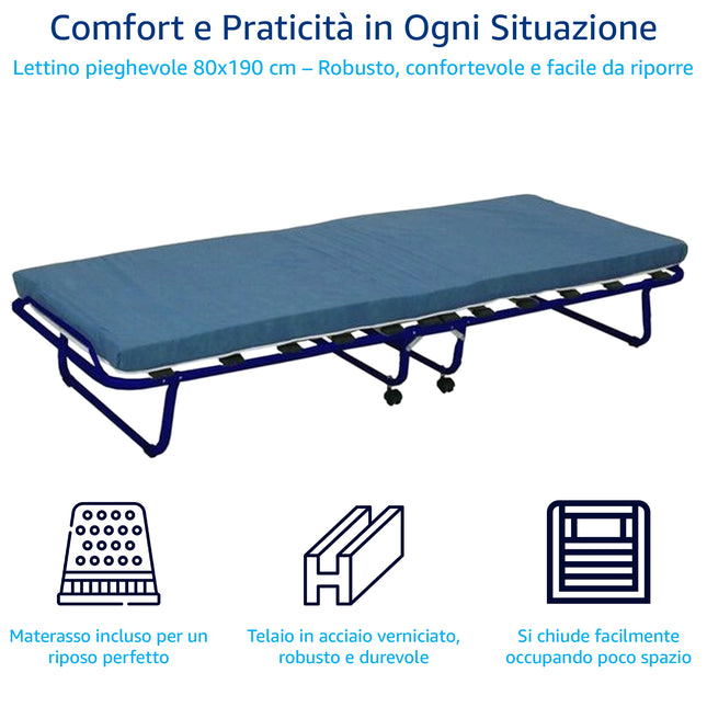 Lettino Pieghevole Acciaio 12 Doghe con Materasso 80x190cm