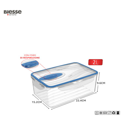 Contenitore Ermetico Kappa con Valvola – Chiusura Sigillata Anti‑Odore per Frigo, Freezer e Microonde, Lavabile in Lavastoviglie, BPA Free, Made in Italy 2 L Ecoplast