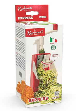 Rigamonti EXPRESS – Tempera Verdure Manuale 2 in 1 per Spaghetti, Tagliatelle, Tagliolini e Sfoglie di Verdure, Uso Domestico e Professionale, Made in Italy Rigamonti