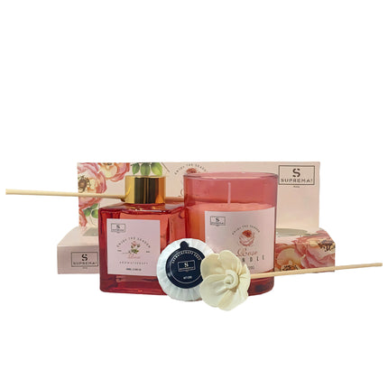 Suprema Set Diffusore Ambienti Bastoncini + Aromaterapia Idea Regalo + Home Decor Box + 100ml Olio & Candela Rose D&D Casalinghi