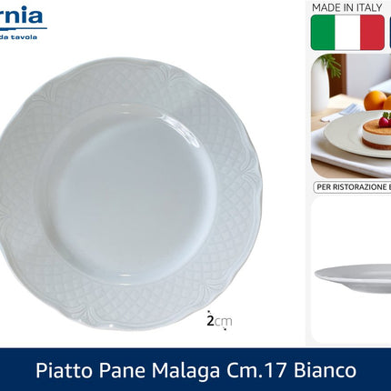 Linea Malaga Piatto in Porcellana Bianco Made in Italy Diversi Modelli Piatto Pane Ø 17 cm Saturnia