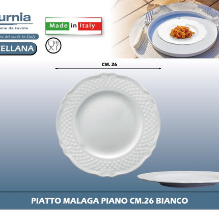 Linea Malaga Piatto in Porcellana Bianco Made in Italy Diversi Modelli Piatto Piano Ø 26 cm Saturnia