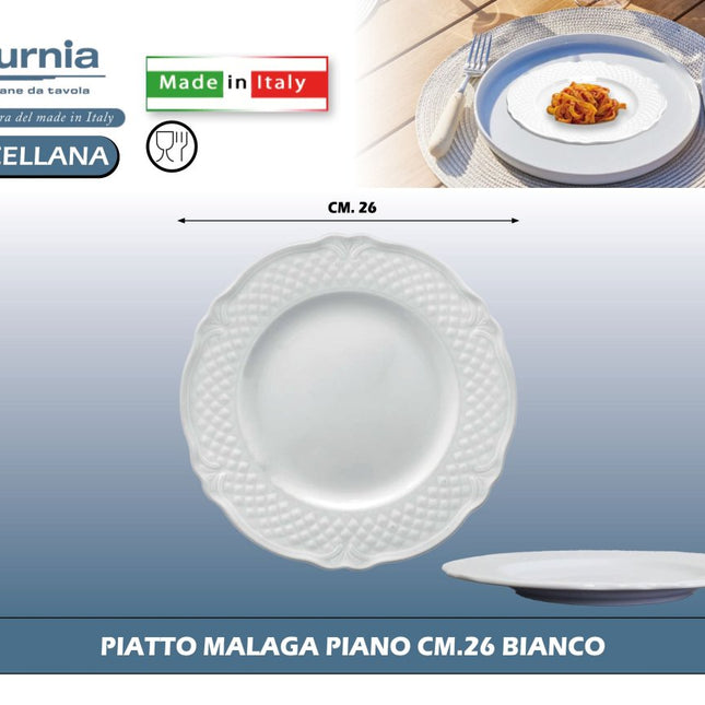Linea Malaga Piatto in Porcellana Bianco Made in Italy Diversi Modelli Piatto Piano Ø 26 cm Saturnia