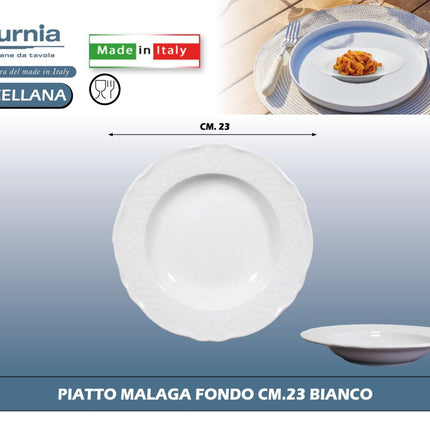 Linea Malaga Piatto in Porcellana Bianco Made in Italy Diversi Modelli Piatto Fondo Ø 23 cm Saturnia