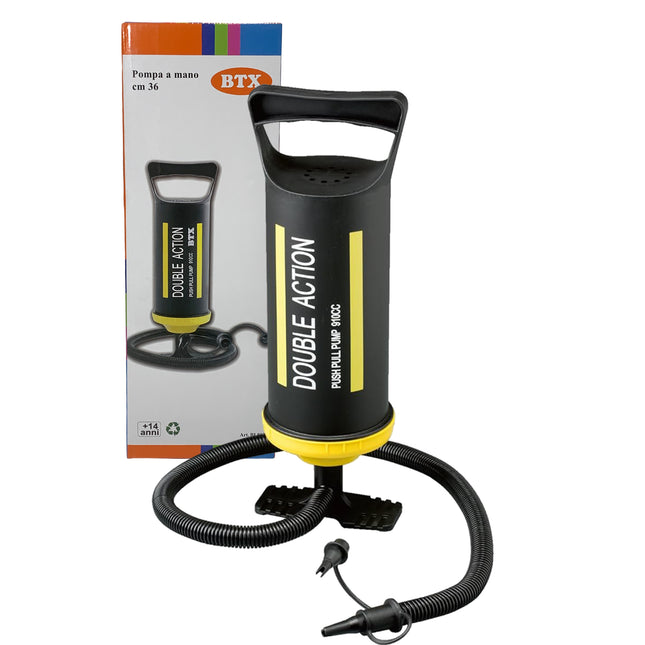 Pompa a Mano 36 cm – Gonfiatore Doppia Azione con 2 Bocchettoni – Volume 2x910cc – Per Materassi, Piscine, Canoe Gonfiabili – Leggera, Compatta e Facile da Usare