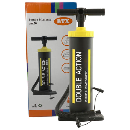 Pompa Bivalente 50 cm – Gonfiatore Doppia Azione con 3 Bocchettoni – Volume 2x2000cc – Per Gonfiabili, Materassi, Piscine, Canoe – Alta Capacità, Rapida ed Efficiente