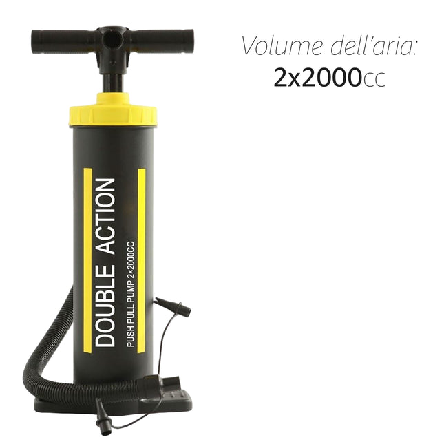 Pompa Bivalente 50 cm – Gonfiatore Doppia Azione con 3 Bocchettoni – Volume 2x2000cc – Per Gonfiabili, Materassi, Piscine, Canoe – Alta Capacità, Rapida ed Efficiente