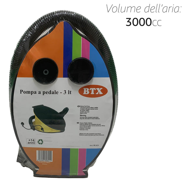 Pompa a Pedale 3L – Gonfiatore a Mantice con 3 Bocchettoni – Volume 3000cc – Per Materassi, Piscine, Canoe e Gonfiabili – Facile da Usare con il Piede, Senza Sforzo