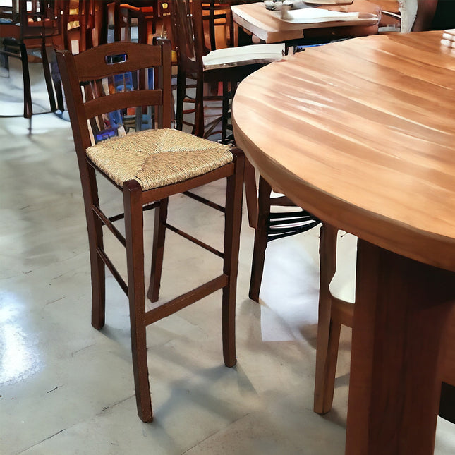 Sgabello in Legno con Seduta in Paglia Artigianale Made in Italy Rustico Bar bancone Altezza Seduta 67.5cm Noce Giaquinto