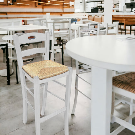 Sgabello in Legno con Seduta in Paglia Artigianale Made in Italy Rustico Bar bancone Altezza Seduta 67.5cm Bianco Giaquinto