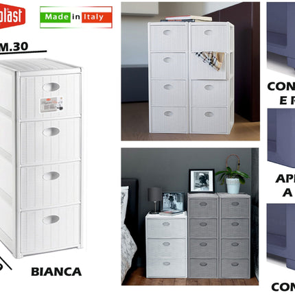 Cassettiera Elegance Slim 4 Cassetti Bianca Mobiletto Bagno Camera 30x40x80h cm
