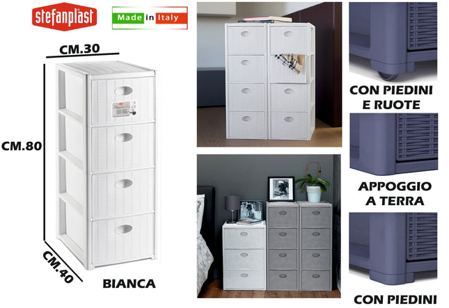 Cassettiera Elegance Slim 4 Cassetti Bianca Mobiletto Bagno Camera 30X40X80H Cm Stefanplast