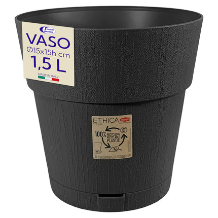 Stefanplast Vaso da Giardino Ethica Plastica Riciclata con Riserva D’acqua e Terriccio Solo Vaso Grafite Ø 15 x 15h cm Stefanplast