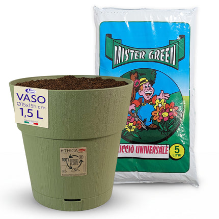 Stefanplast Vaso da Giardino Ethica Plastica Riciclata con Riserva D’acqua e Terriccio Vaso con Terriccio Verde Oliva Ø 15 x 15h cm Stefanplast