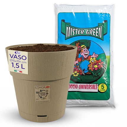 Stefanplast Vaso da Giardino Ethica Plastica Riciclata con Riserva D’acqua e Terriccio Vaso con Terriccio Tortora Ø 15 x 15h cm Stefanplast