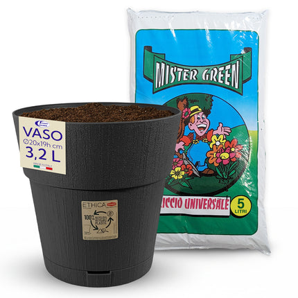 Stefanplast Vaso da Giardino Ethica Plastica Riciclata con Riserva D’acqua e Terriccio Vaso con Terriccio Grafite Ø 20 x 19h cm Stefanplast