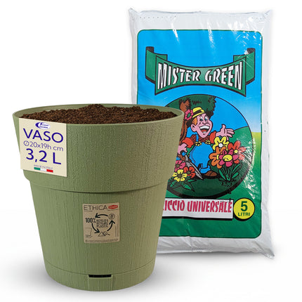 Stefanplast Vaso da Giardino Ethica Plastica Riciclata con Riserva D’acqua e Terriccio Vaso con Terriccio Verde Oliva Ø 20 x 19h cm Stefanplast