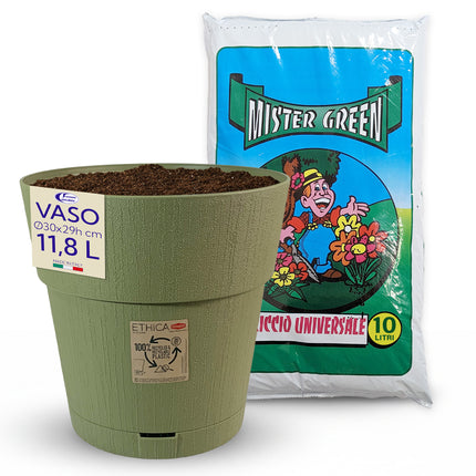 Stefanplast Vaso da Giardino Ethica Plastica Riciclata con Riserva D’acqua e Terriccio Vaso con Terriccio Verde Oliva Ø 30 x 29h cm Stefanplast