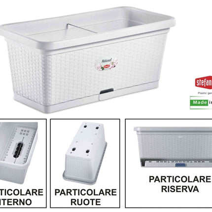 Stefanplast Fioriera Natural Con Ruote – Design Rattan, 66 Litri, Irrigazione Progressiva E Barra Rinforzante Bianco Stefanplast