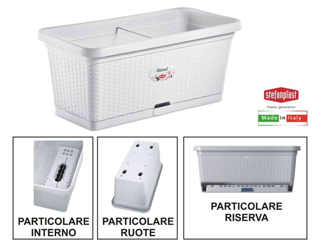 Stefanplast Fioriera Natural Con Ruote – Design Rattan, 66 Litri, Irrigazione Progressiva E Barra Rinforzante Bianco Stefanplast