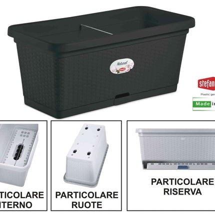 Stefanplast Fioriera Natural Con Ruote – Design Rattan, 66 Litri, Irrigazione Progressiva E Barra Rinforzante Antracite Stefanplast
