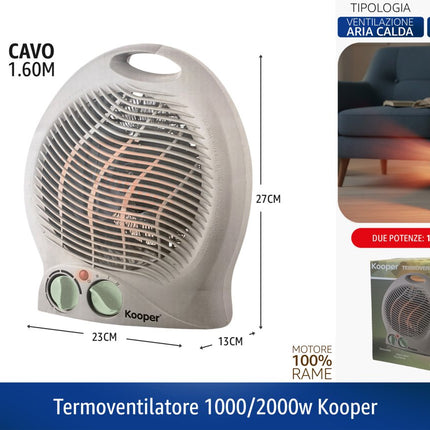 Termoventilatore Elettrico 1000/2000W Kooper | Stufa Elettrica Portatile in Plastica con Maniglia Integrata, Cavo 1.60 Metri e Motore 100% Rame