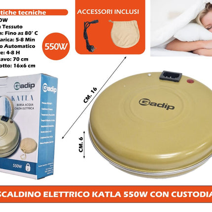 Gadip Katla Scaldino Elettrico 550W Borsa Acqua Calda con Custodia in Tessuto e Spegnimento Automatico 16x6 cm