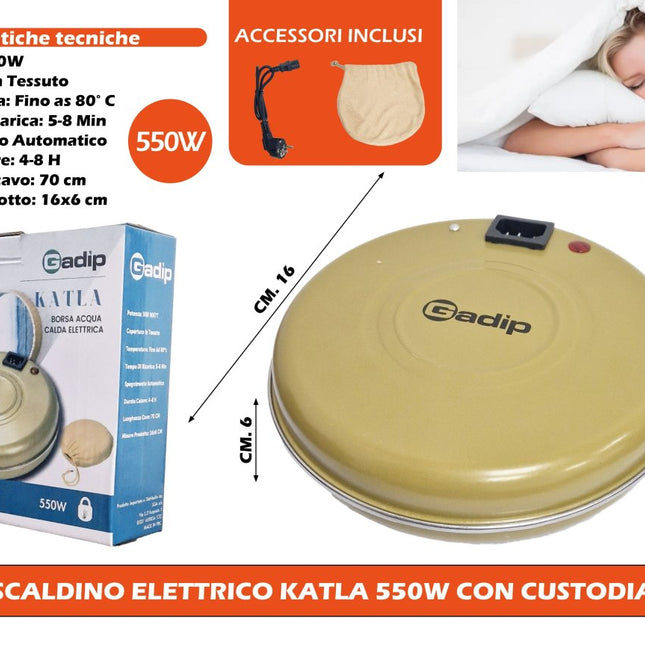 Gadip Katla Scaldino Elettrico 550W Borsa Acqua Calda con Custodia in Tessuto e Spegnimento Automatico 16x6 cm Gadip