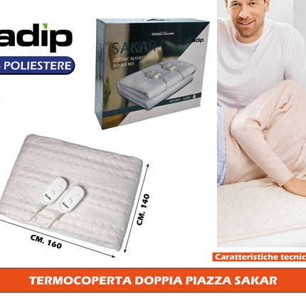 Gadip Sakar Termocoperta Doppia Piazza 160x140 cm in Poliestere | Scaldaletto Elettrico Matrimoniale 50Wx2 con Doppi Comandi Staccabili Gadip