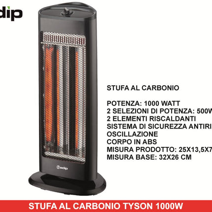 Gadip Tyson Stufa al Carbonio 1000W | Stufetta Elettrica Oscillante in ABS con 2 Livelli di Potenza 500/1000W e Sistema di Sicurezza Antiribaltamento 25x13,5x70 cm Gadip