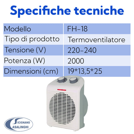 Gadip Termoventilatore Elettrico 2000W Compatto – 2 Livelli di Potenza 1000/2000W, Termostato Regolabile, Protezione da Surriscaldamento, IP21, Riscaldatore Portatile da Interno 19x13,5x25 cm Gadip