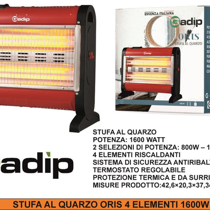 Gadip Oris Stufa al Quarzo 4 Elementi 1600W | Stufetta Elettrica con Termostato Regolabile, Protezione Termica e Sistema Antiribaltamento 42,6x20,3x37,3 cm Gadip