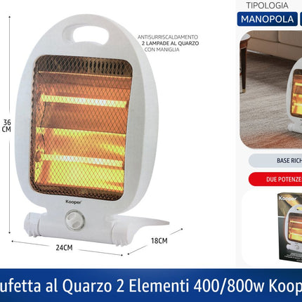 Stufetta al Quarzo 2 Elementi 400/800W Kooper con Base Richiudibile e Maniglia di Trasporto