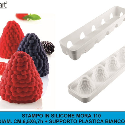 Silikomart Stampo in Silicone Mora 110 – 5 Monoporzioni 3D da 110 ml con Supporto in Plastica Bianco, Ø6,5x6,7 cm, Made in Italy Silikomart